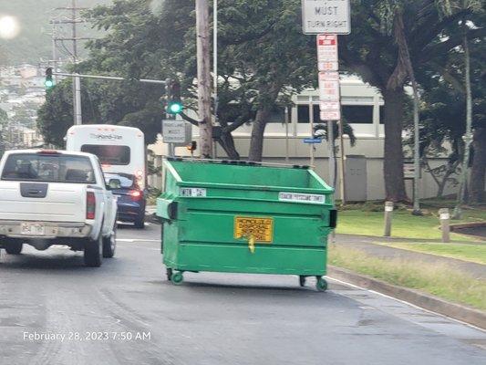 I guess it's not okay for cars to park and block traffic, but okay for these dumpsters to do so.