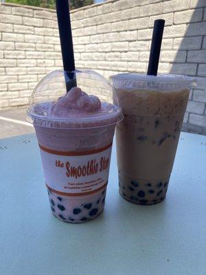 Strawberry banana smoothie with boba and milk tea with boba