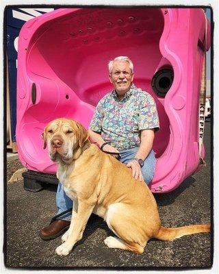 Our owner Chet with Tess the hot tub hound.