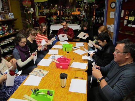 Adult puppetry class, intro to shadow puppets.