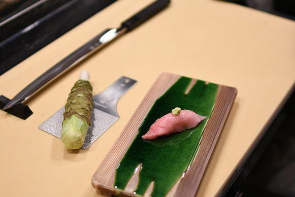 toro nigiri topped with real wasabi