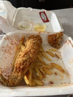 Fried 2 Piece Fish with Cajun Fries (F1) with spicy seasoning on top.