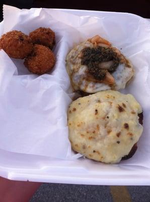 The England burger and the Korea burger, with a side of risotto balls.