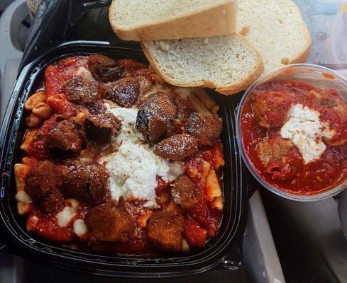 Eggplant bites with cavatelli and a side of meatballs with Ricotta