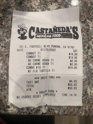 This is the receipt of the burritos I paid extra $2 each for Carne Asada on they Gave me pork! And argued that no they didn't!