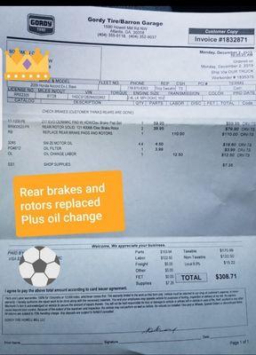 Bills for brakes and oil change