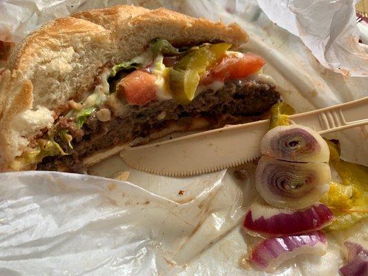 Dominican Burger (aka chimichurri): not traditional- had lettuce (instead of cabbage) & pickles and cheese (not usu in a chimi)