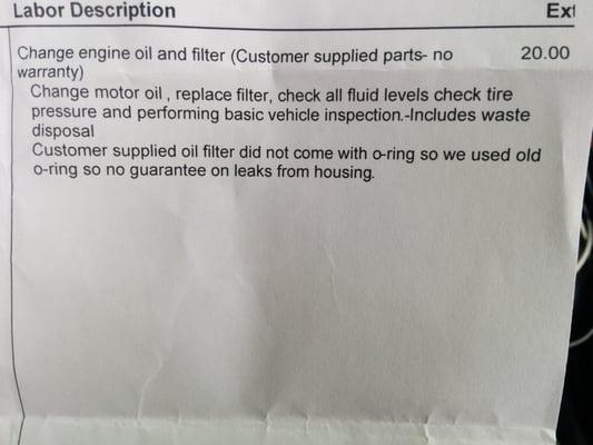 $20 labor. Tire pressure is around 28ppm but requires 30ppm. They neither talked about it nor fill air for the car. Well they don't care