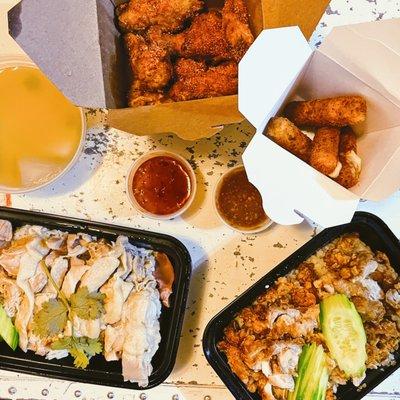 Wing Zabb, Mozzarella sticks, No. 1 Steamed Chicken Rice, No.2 Fried chicken Rice