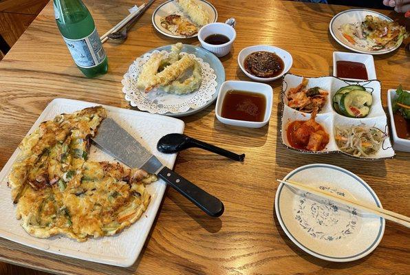 Seafood pancake and tempura appetizers