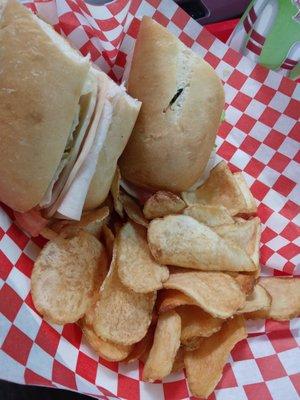 Turkey and cheese with homemade potato chips.