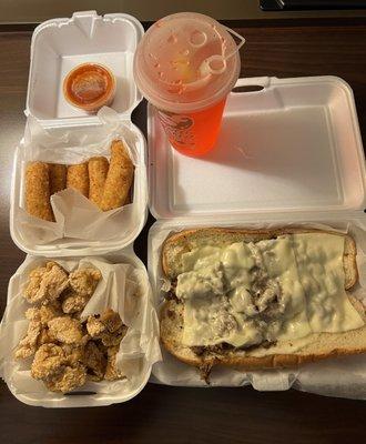 Fried cheese sticks, Salt and Pepper Chicken Nuggets, Classic Philly Cheese Steak, and watermelon lemonade