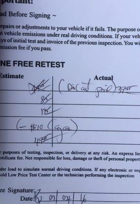 crossed out $49.95 & wrote $39.95+ fees. Then he wrote a $10 discount. When I asked him about it, he thought I was confused