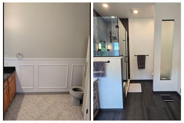 Vanity moved and custom shower installed. Privacy wall for toilet with etched glass fabricated.