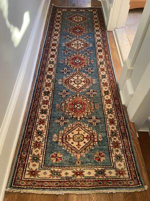 Kazakh Runner. This is my favorite carpet. Rich in color, contrast in the sun, soft, cool in the summer, warm in the winter.