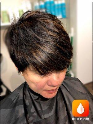 Pixie cut with Carmel color highlights. #noamonia #noppd #nontoxichaircolor