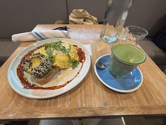 Soft Chili Scramble w/ Avocado Lavender Matcha Latte