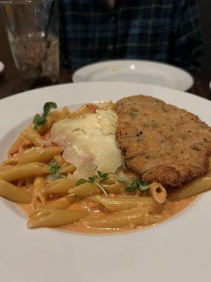 Penne Regina & crispy chicken Milanese on top