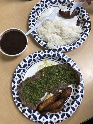 Steak Chimichurri with maduros, and Black Beans & Rice