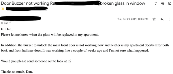 Oct 2018 request to fix broken lobby buzzer and doorbell