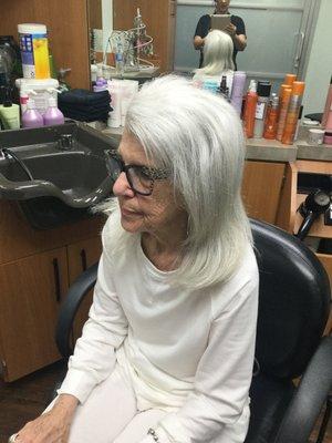 Before her beach wave perm and haircut...