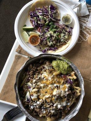 Asada fries and carne asada tacos