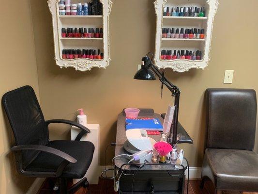 Manicure station. Michelle is doing a great job on my pedicure!