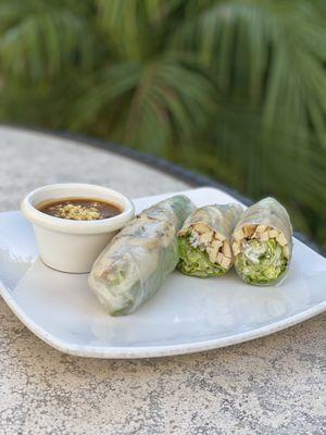 Chicken Spring Rolls 3 Pcs is not a wimpy dish. There are three packed rolls cut in half & come with a yummy peanut dipping sauce.