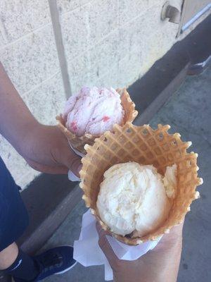 Vanilla and strawberry waffle cone