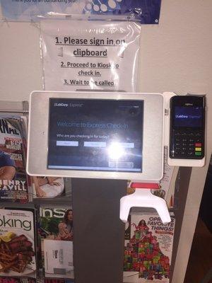 Check on kiosk! Step 1 sign name on sheet.  Step 2, scan ID into Kiosk to check in. Step 3 wait to be called. Easy as 1-2-3!