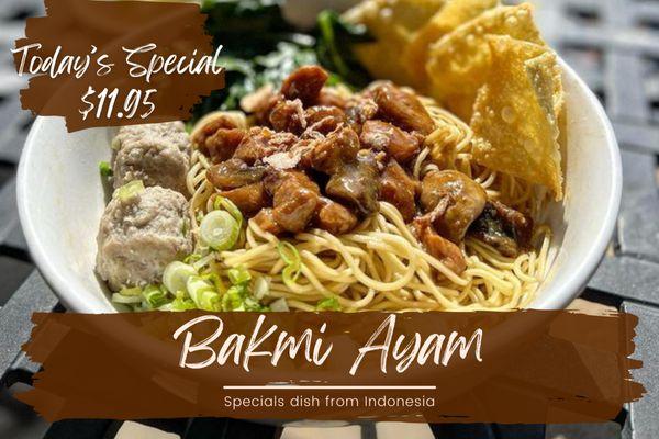 Today's Special
Bakmi Ayam (chicken noodle popular indonesian Dish)
$11.95