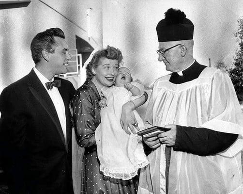 Lucie Arnaz, Lucille Ball and Desi Arnaz with Father John Hurley, Our Lady of the Valley Catholic Church, Canoga Park 10/3/1951