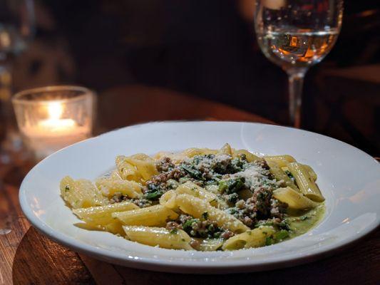 Gluten free pasta with pork fennel, sausage, broccoli rub and basil pastel