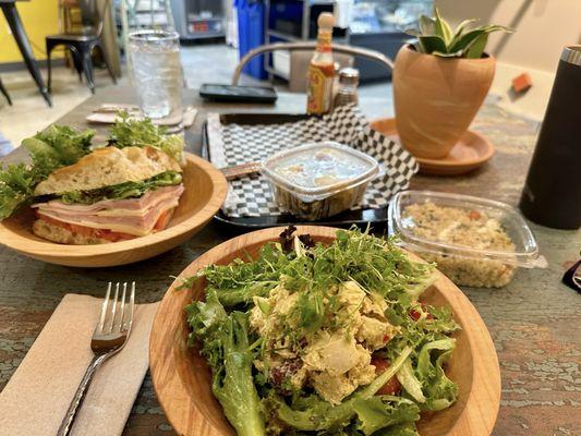 Greens from local farms tossed in the most delicious housemade vinaigrette. Curry chicken salad is perfectly seasoned & not overpowering.