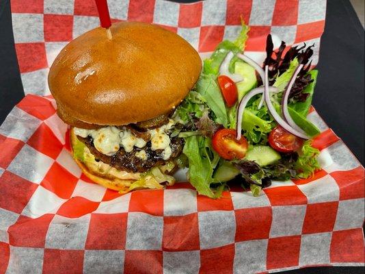 Steakhouse Burger with a side salad