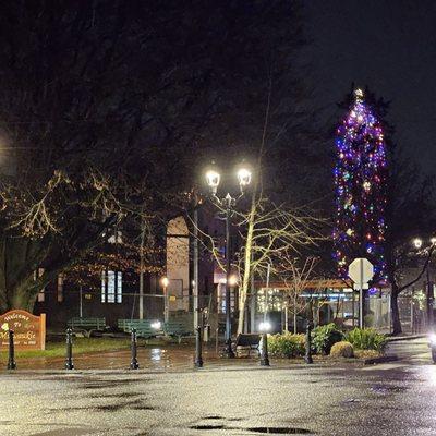 The four-way cross looking east towards the old Milwaukie City Hall, wet December streets, and a splash of holiday color & cheer.