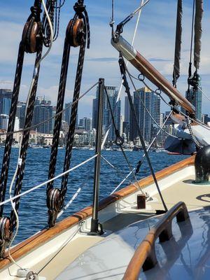 Downtown San Diego through the Liberty rigging