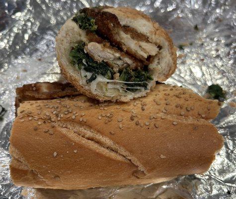 Chicken with Sharp Provolone Cutlet Sandwich - spinach added. Tasty, their breading has some sweetness too it. Not bad at all.