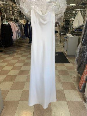 Perfectly clean wedding gown that was extremely dirty before bringing it to Santa Anita Cleaners.