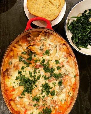 Cheesy Baked Pasta with Sautéed Spinach