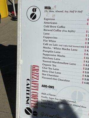 Coffee menu