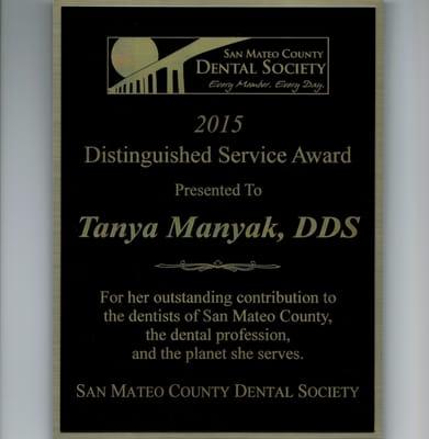 Tanya Manyak DDS, Manyak Dental Group, Distinguished Service Award, San Mateo County Dental Society