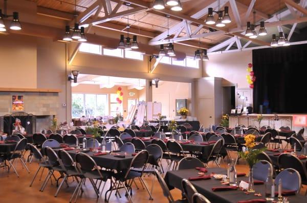 Set for an event at the Main Hall at Corte Madera Community Community Center. Perfect for wedding receptions, bar &bat mitzhvas.