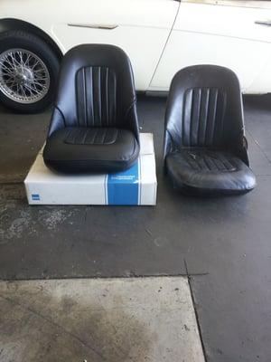 Austin Healey 3000 BEFORE (right seat) & AFTER (left seat) seat restoration.