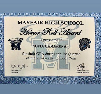 Congratulations to Sofia Camarena "2024 Honor Roll" Yes