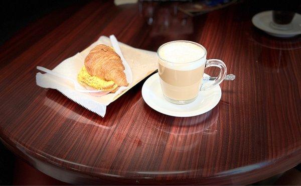 White Chocolate Latte and Ham, eggs and cheese croissant