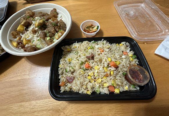 Dumpling In chili sauce, mango chicken over rice, and Yangzhou fried rice