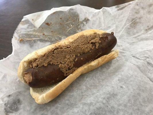 Smoked sausage dog with homemade chili