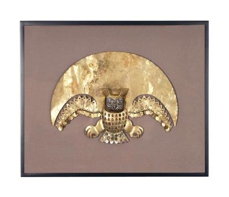 GK Framing has the honor of framing a world renowned collection of Precolumbian Art and Objects. Pictured here, a decorative brass owl frame