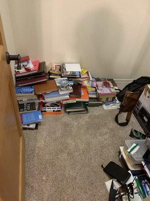 Books dumped in a closet.